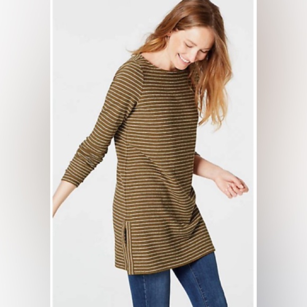 J Jill New Size L Cotton Tunic Top Long Sleeves Round Neck Stripes Loden Oatmeal